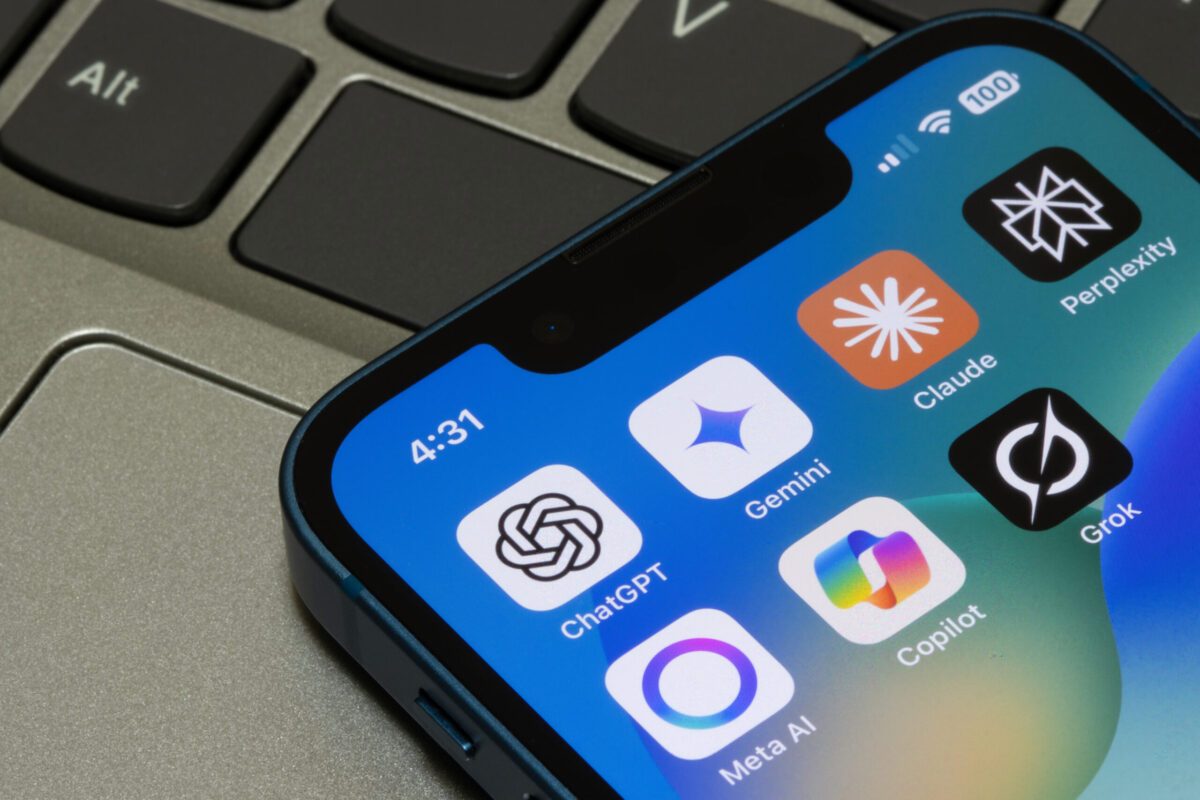 Portland, OR, USA – May 2, 2025: Assorted AI apps, including ChatGPT, Gemini, Claude, Perplexity, Meta AI, Microsoft Copilot, and Grok, are seen on the screen of an iPhone.